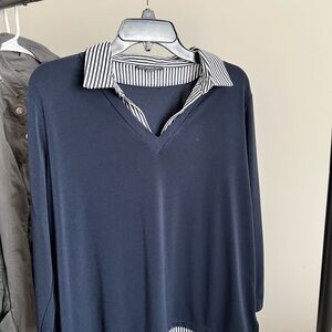 Adrianna Papell Navy Sweater with Striped Collar